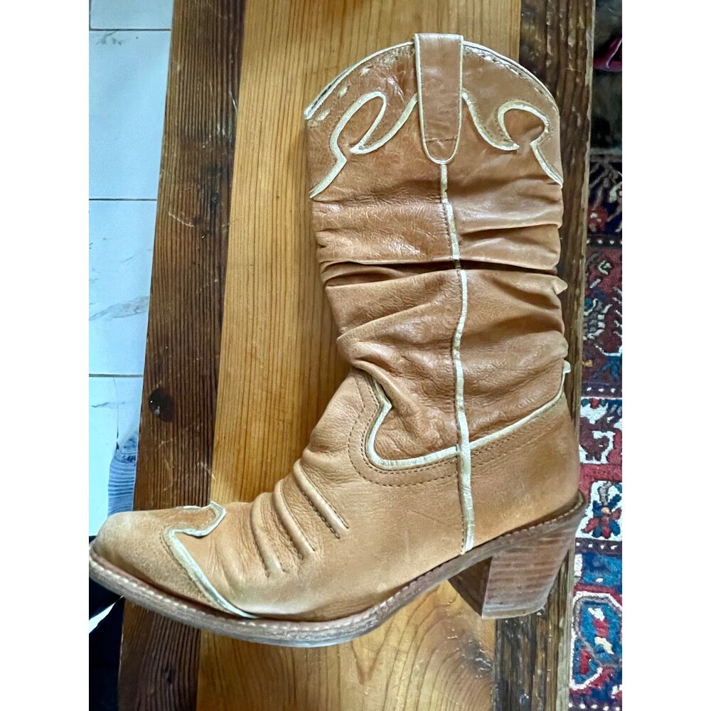 Naona Nana Brown gold Leather sz 6 mid calf boot 2.5" Heel Cowgirl western - Picture 12 of 12